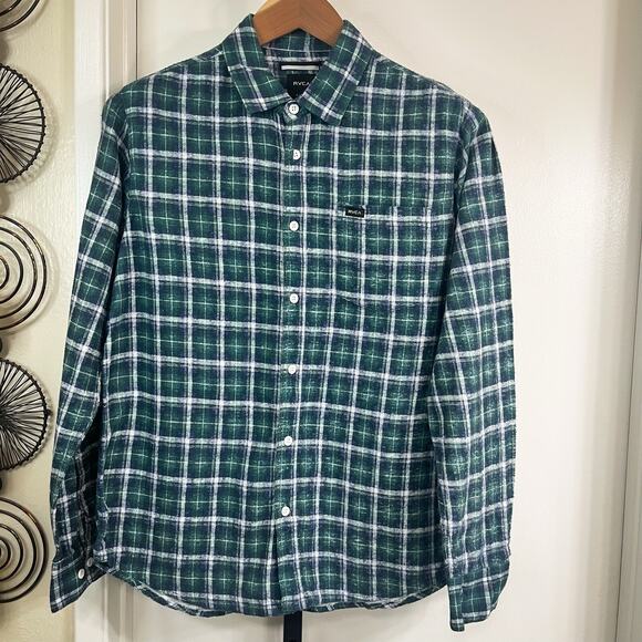RVCA Mens Flannel Regular Fit Button Front Shirt - Green Blue Plaid, Size S - Picture 4 of 4